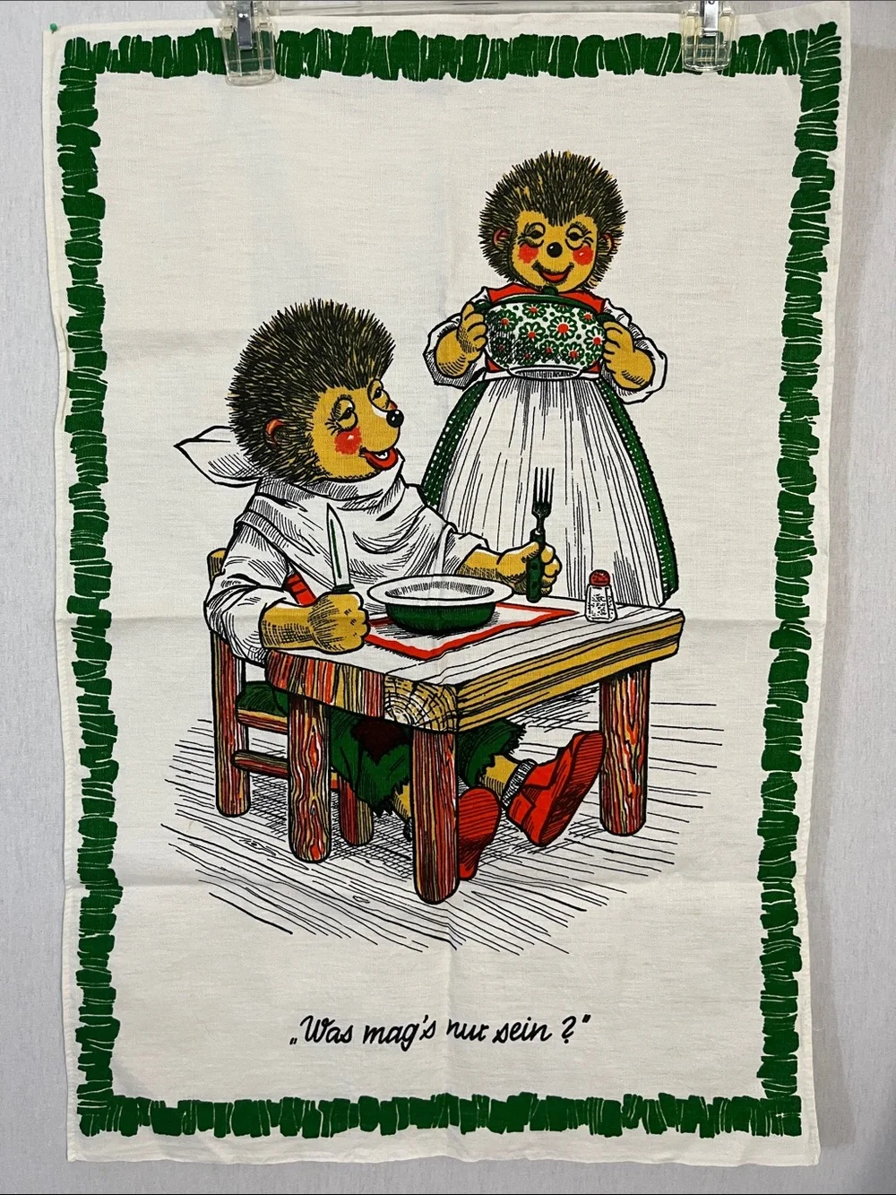 Vintage German Language Hedgehog Illustration Linen Tea Towel in Green